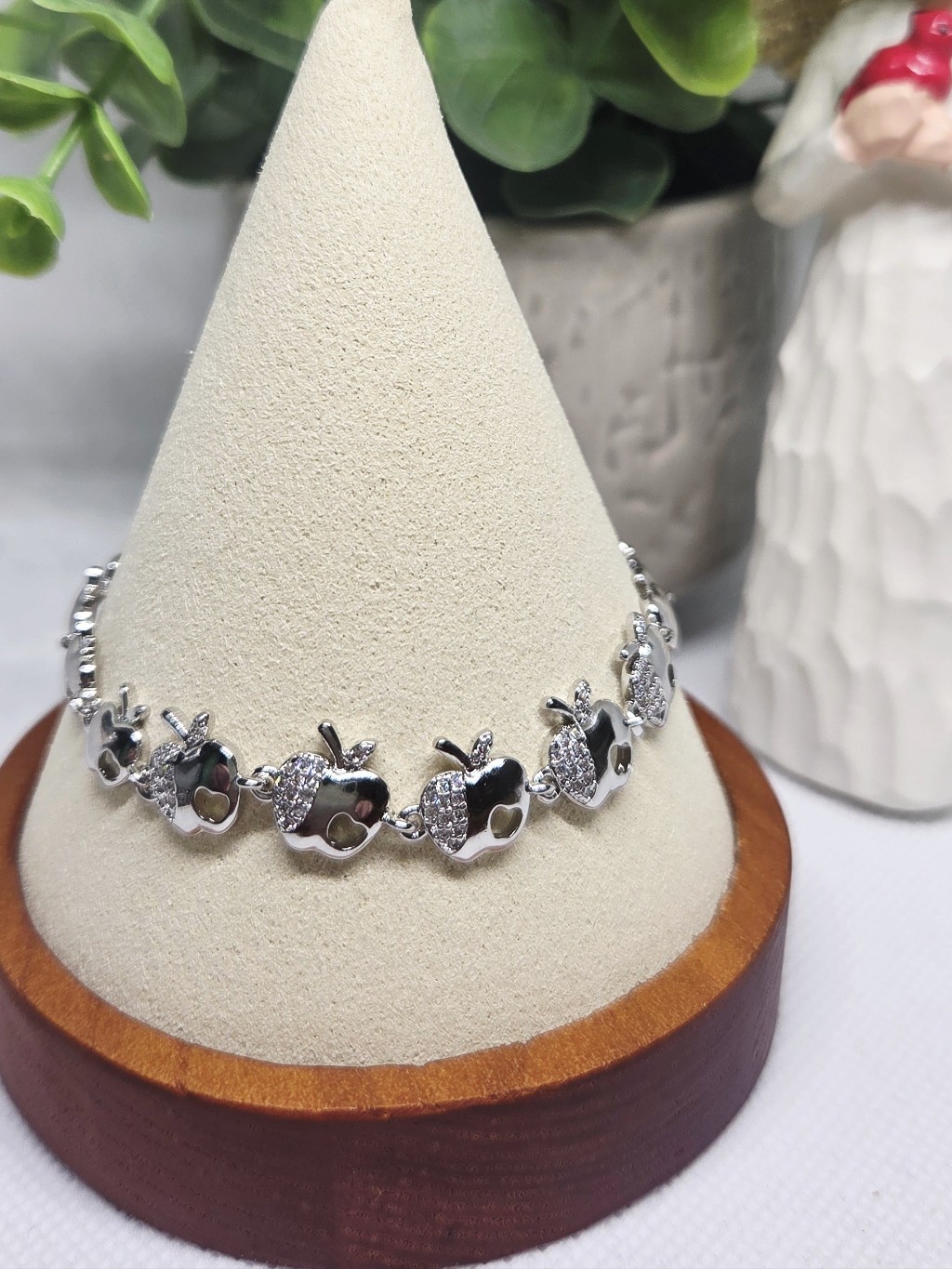 Silver Apple Link Bracelet With Sparkling Accents